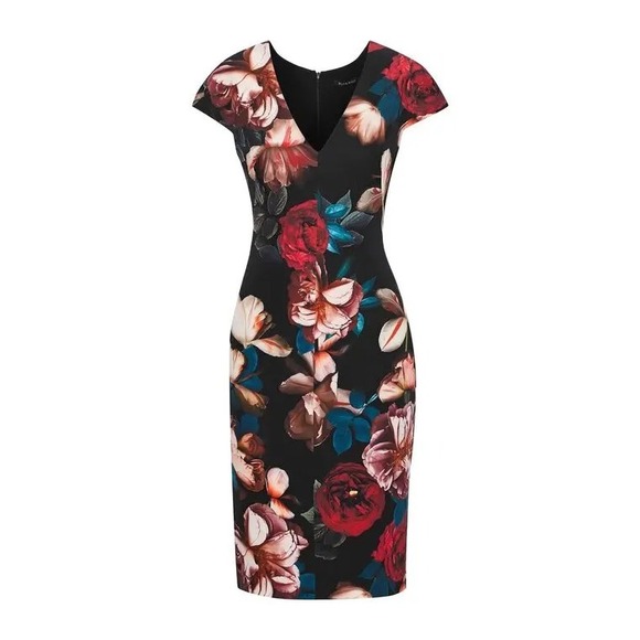 Black Halo Dresses & Skirts - Black Halo Floral V-Neck Cap Sleeve Sheath Dress Black Red Size 4